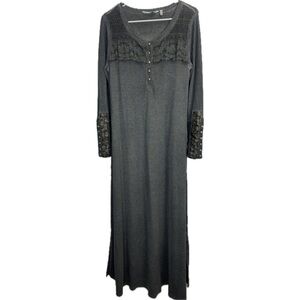 Soft Surroundings Gray Waffle Knit Thermal Maxi Embroidered Dress Size M
